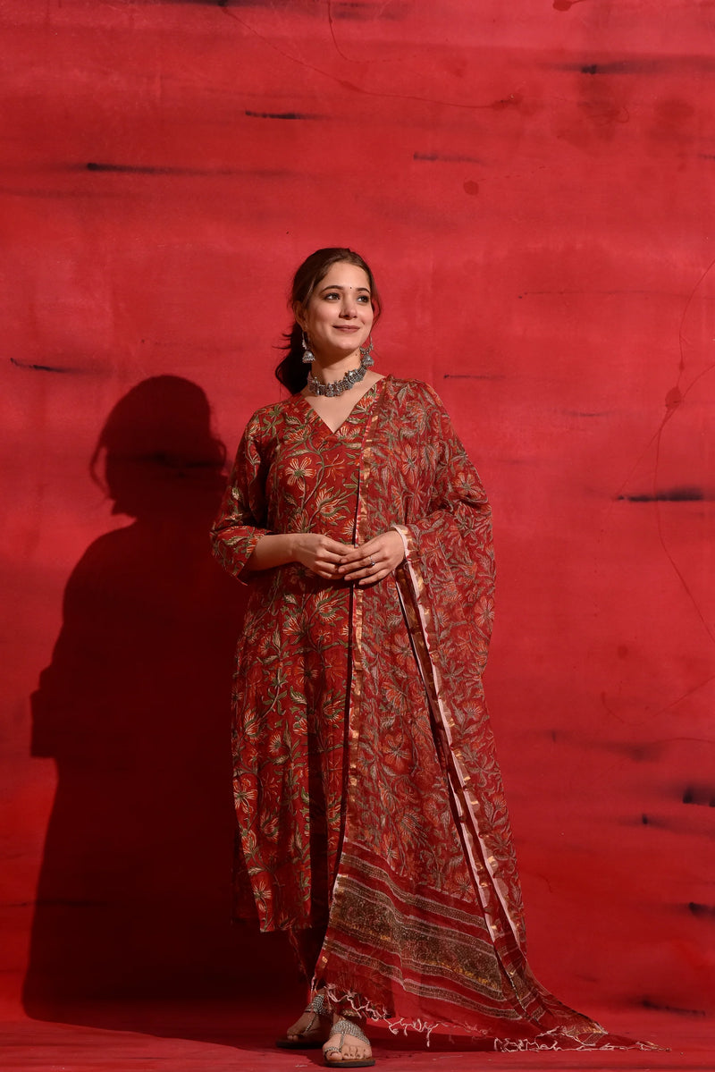 Vibrant Red Kalamkari Cotton Suit Set