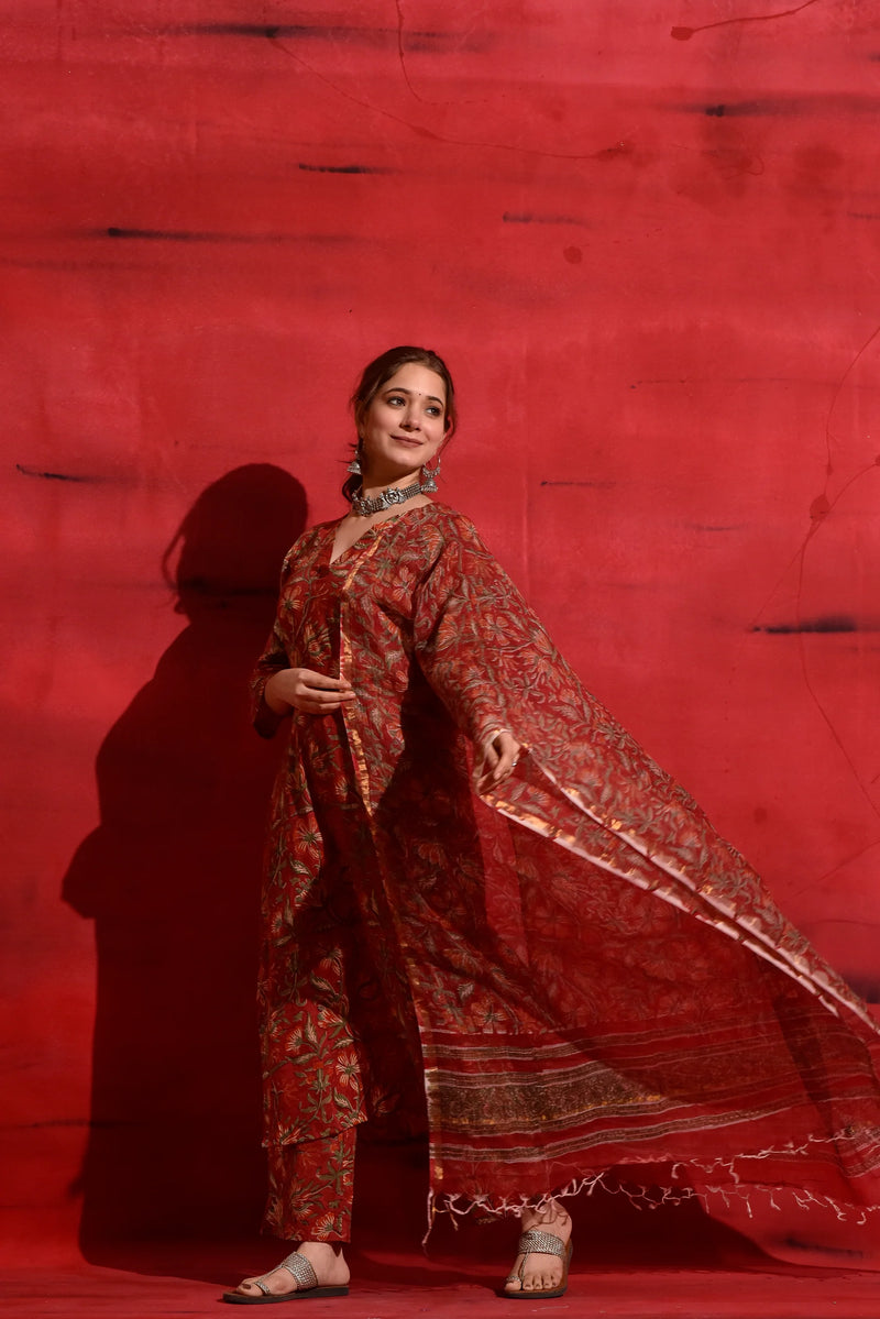 Vibrant Red Kalamkari Cotton Suit Set