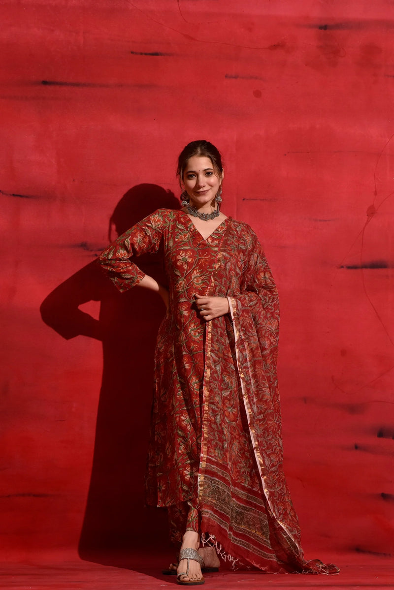 Vibrant Red Kalamkari Cotton Suit Set