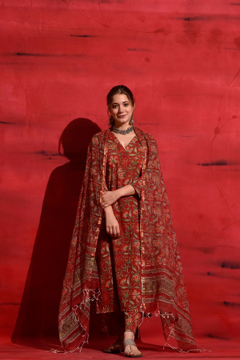 Vibrant Red Kalamkari Cotton Suit Set