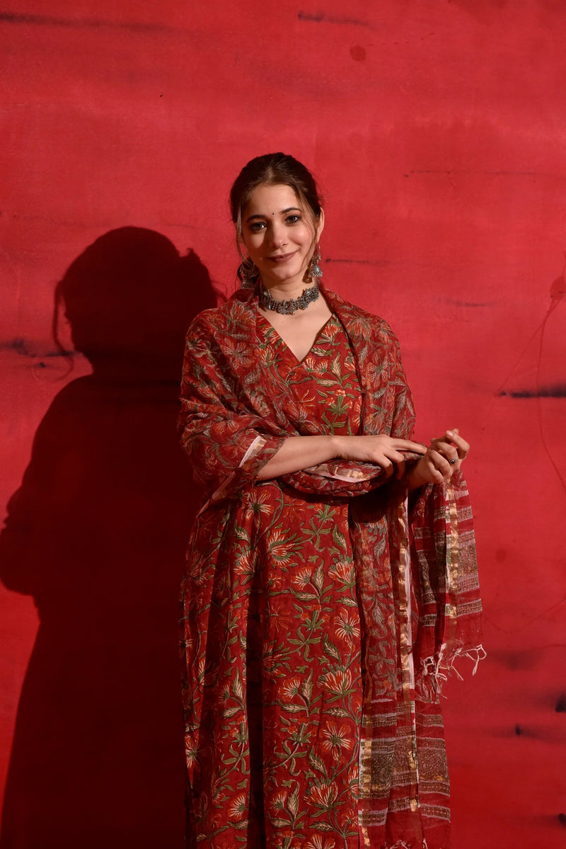Vibrant Red Kalamkari Cotton Suit Set