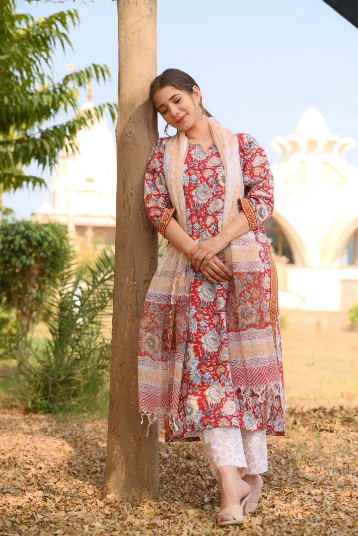 Red Pure Cotton Suit Set