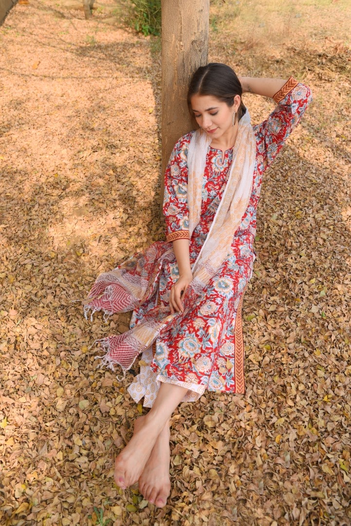 Red Pure Cotton Suit Set