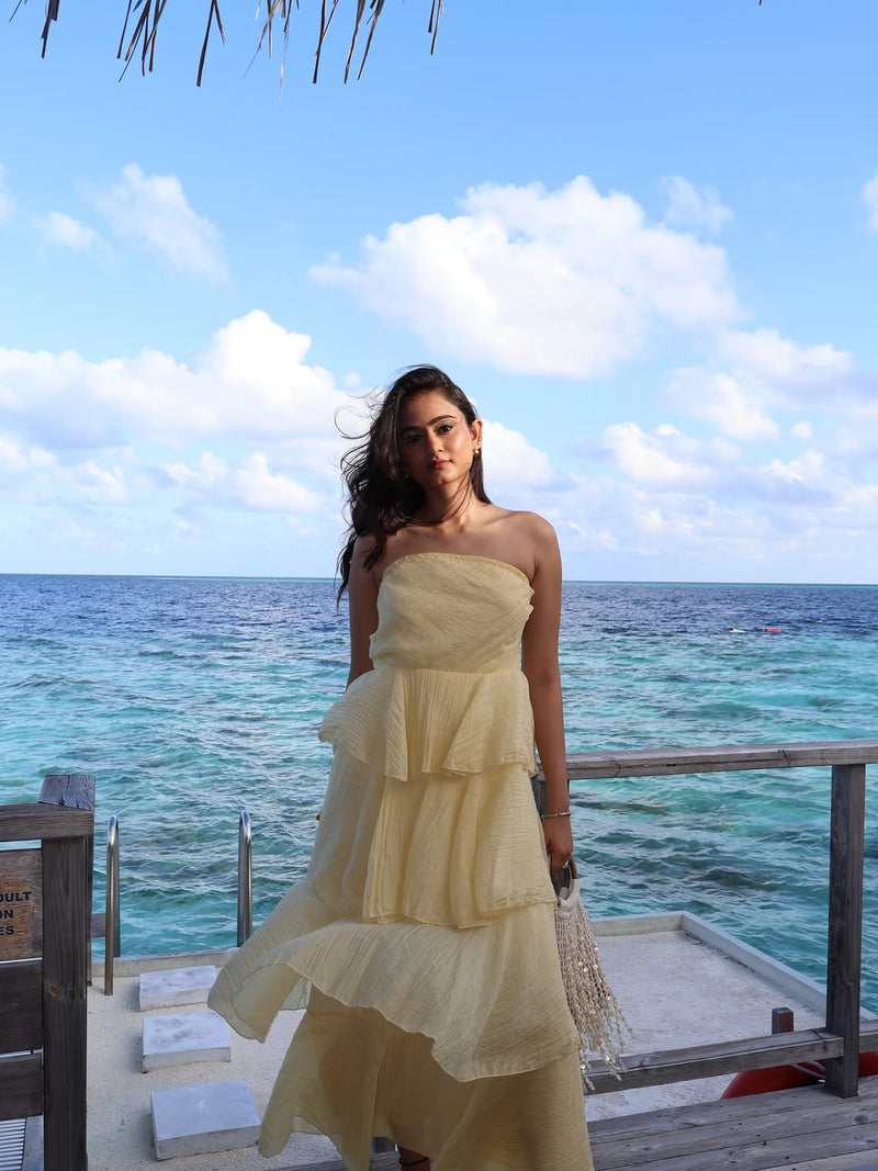 Golden Petal Layered Ruffle Maxi Dress for Women