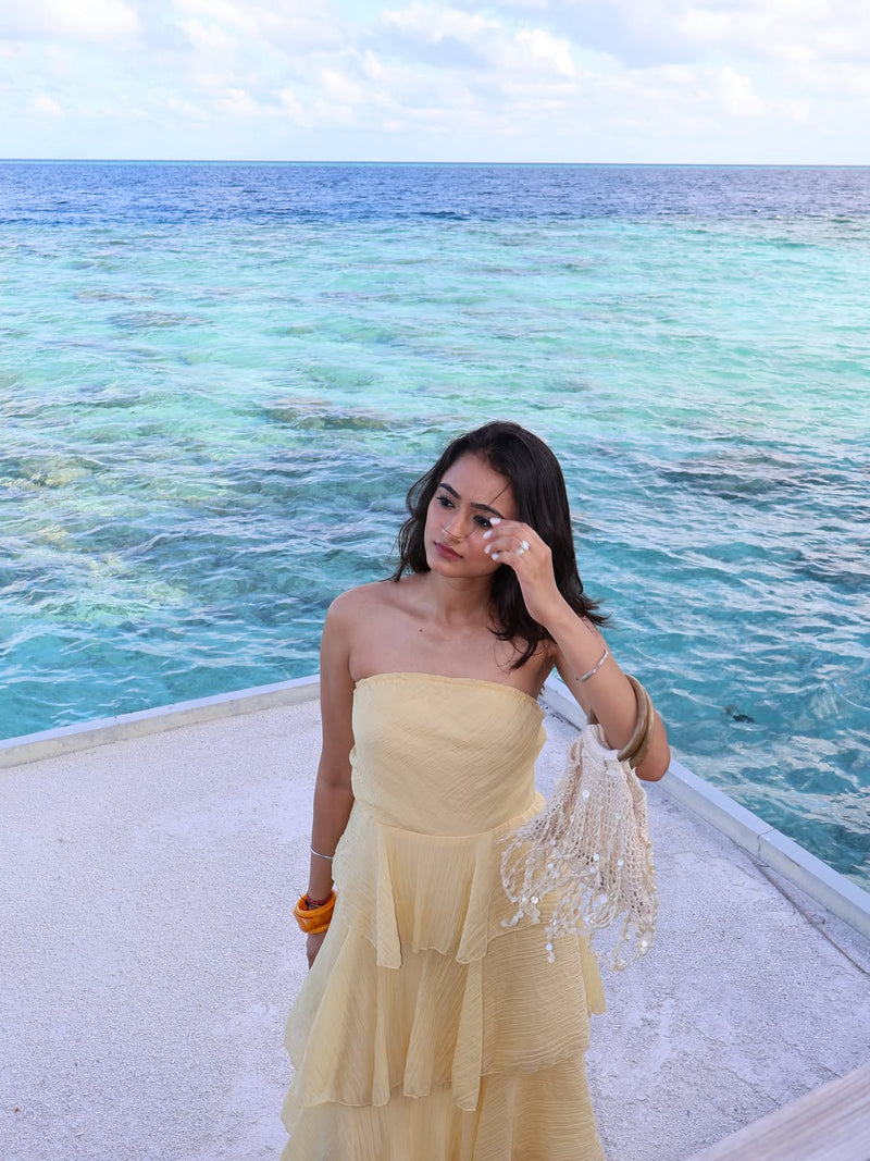 Golden Petal Layered Ruffle Maxi Dress for Women