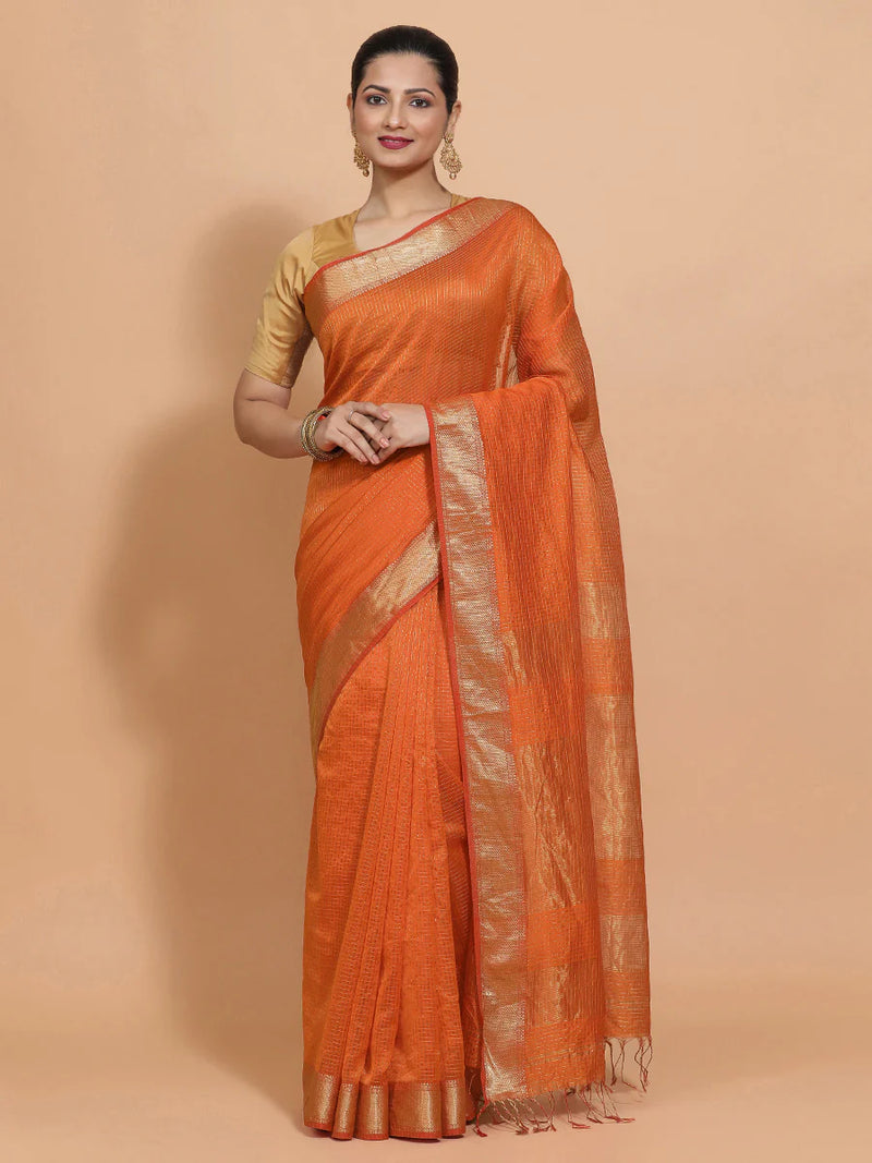 Maheshwari Cotton Silk Orange Pin Check Zari Saree