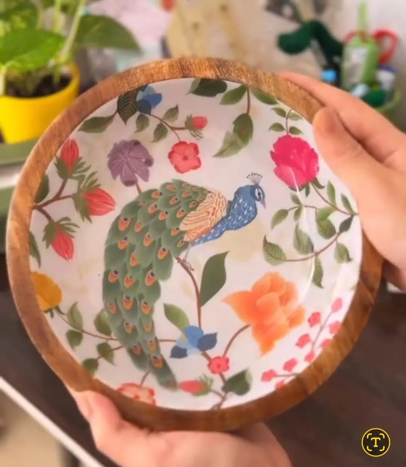 Mango Wood Peacock Print Serving Platter