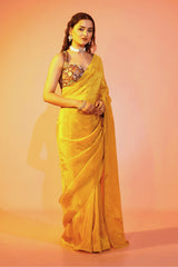 Marigold Muse Yellow Cosmos Saree with Stitched Blouse