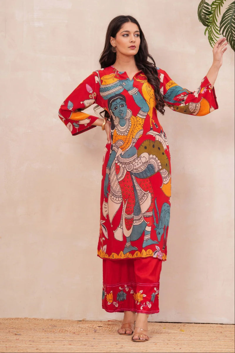 Red Handmade Crepe Printed Co-Ord Set