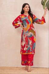 Red Handmade Crepe Printed Co-Ord Set