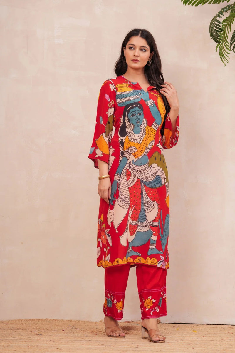 Red Handmade Crepe Printed Co-Ord Set