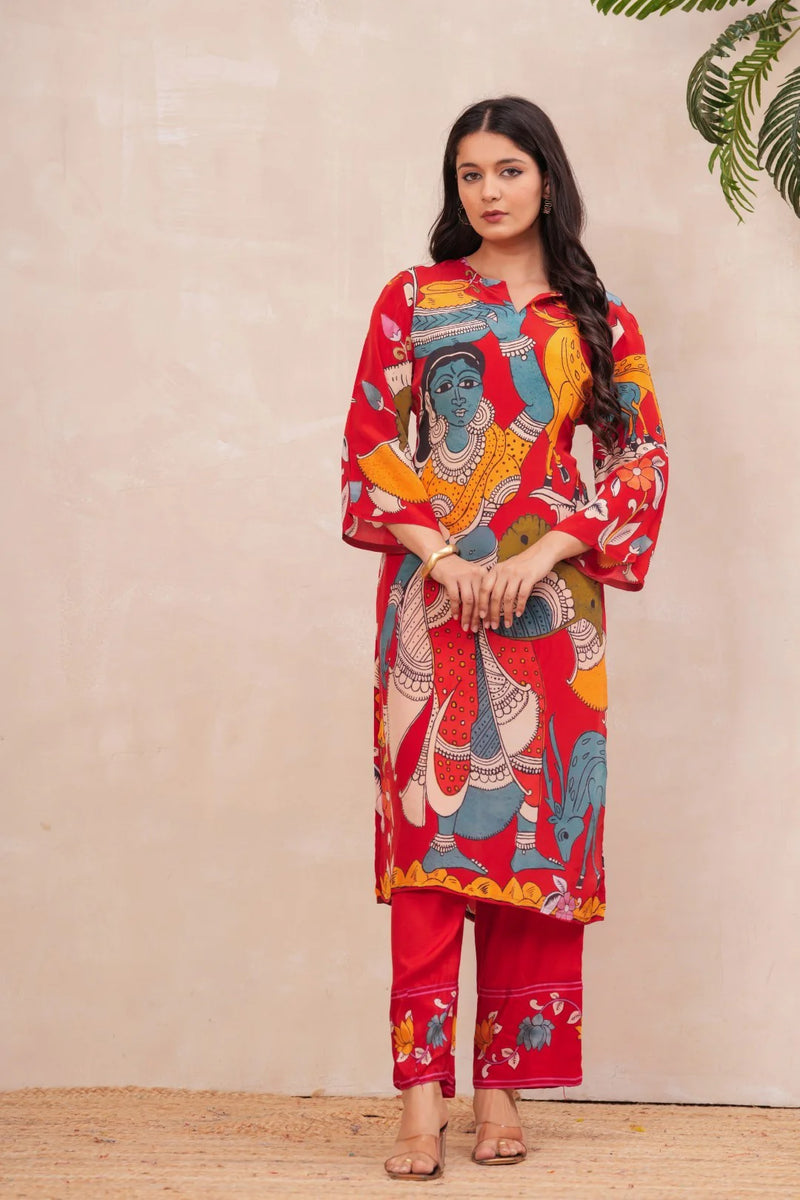 Red Handmade Crepe Printed Co-Ord Set