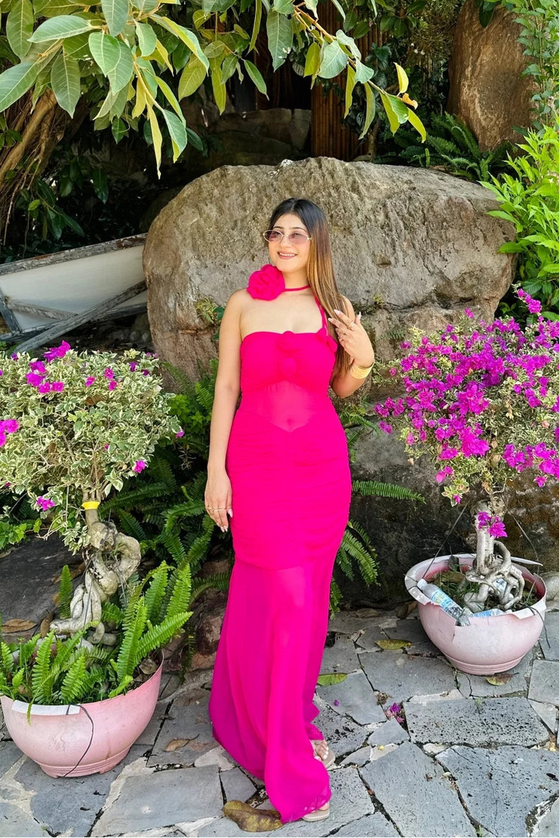 Fuchsia Rose Halo Choker Maxi Dress