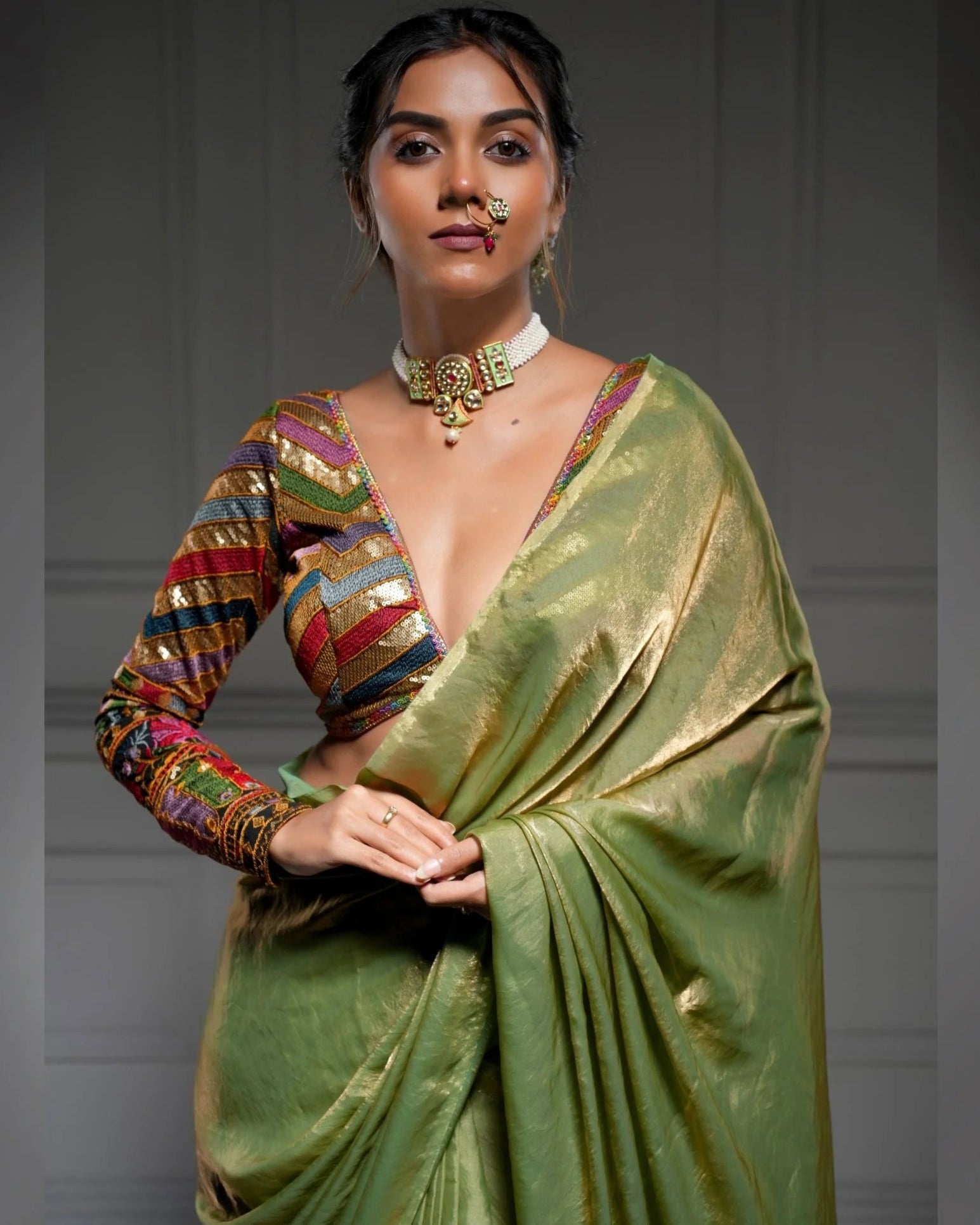 Meadow Whisper Olive Green Saree