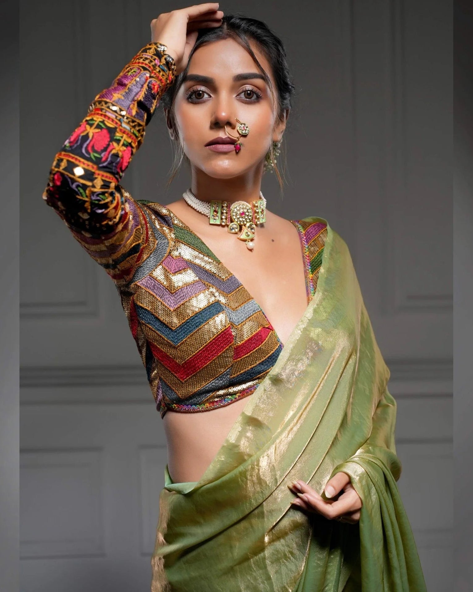 Meadow Whisper Olive Green Saree