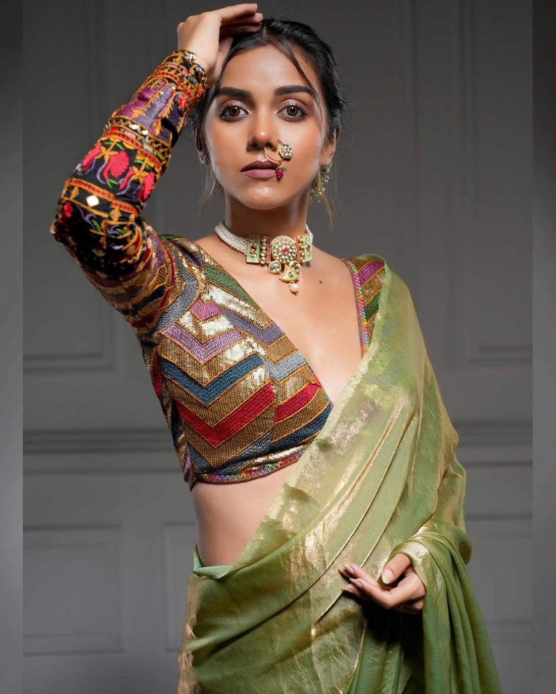 Meadow Whisper Olive Green Saree