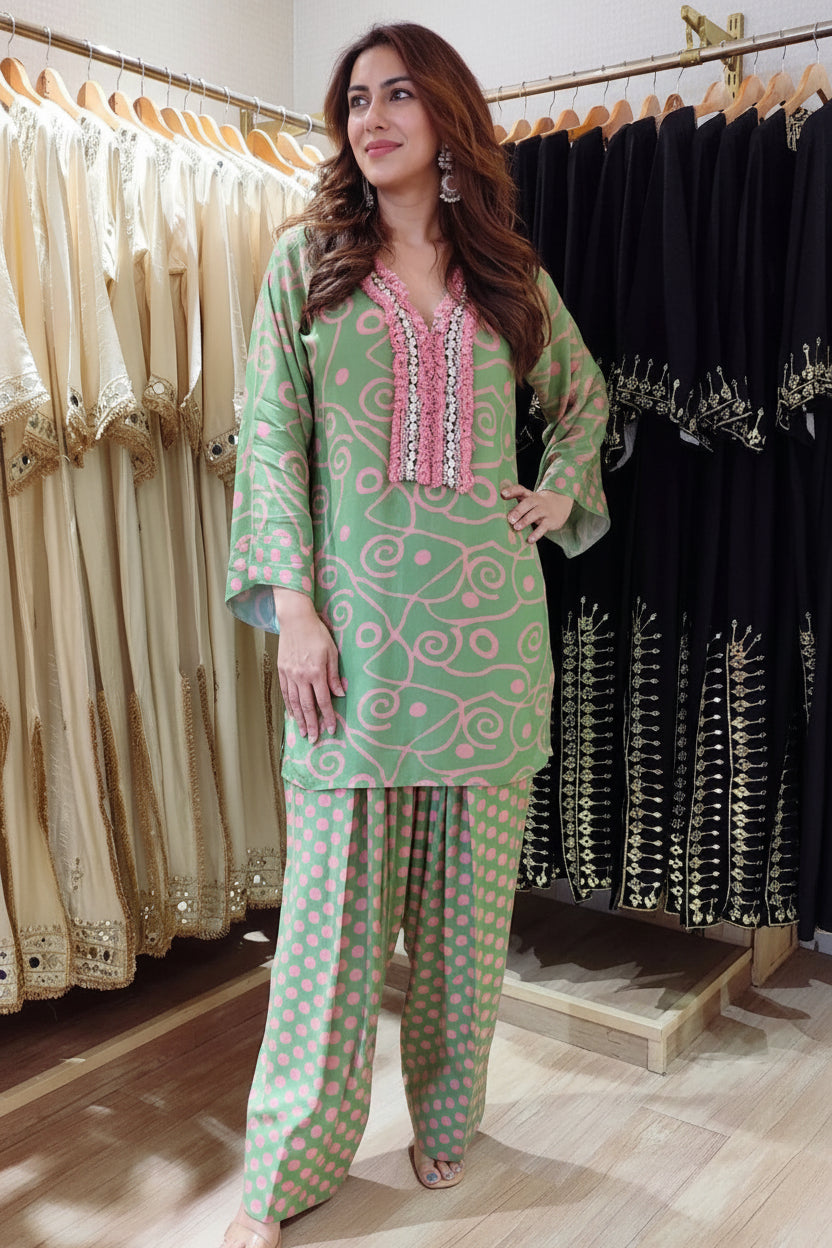 Mint Blossom Printed Farshi Co-Ord Set