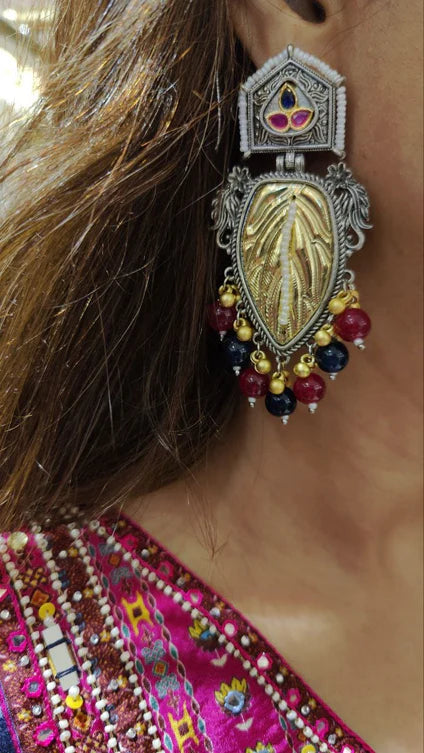 Mixed Metal Black Red Leaf Earrings