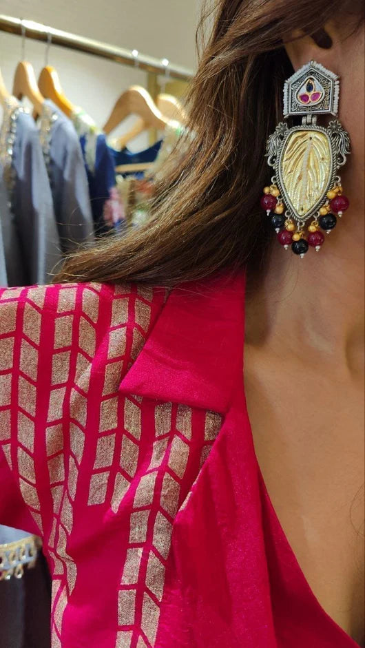 Mixed Metal Black Red Leaf Earrings