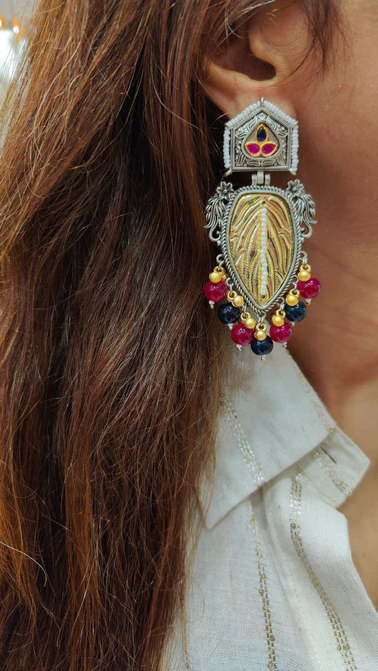 Mixed Metal Black Red Leaf Earrings