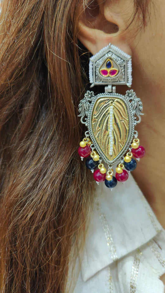 Mixed Metal Black Red Leaf Earrings