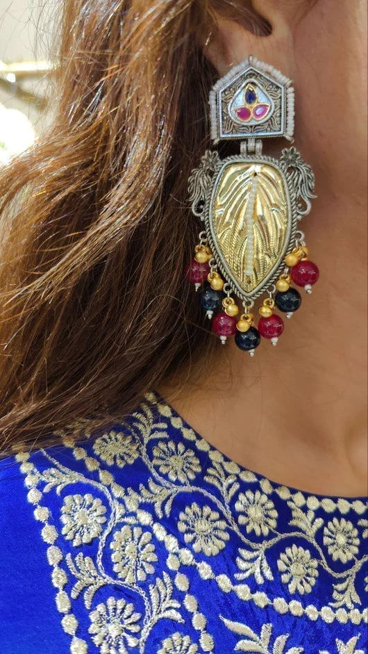 Mixed Metal Black Red Leaf Earrings