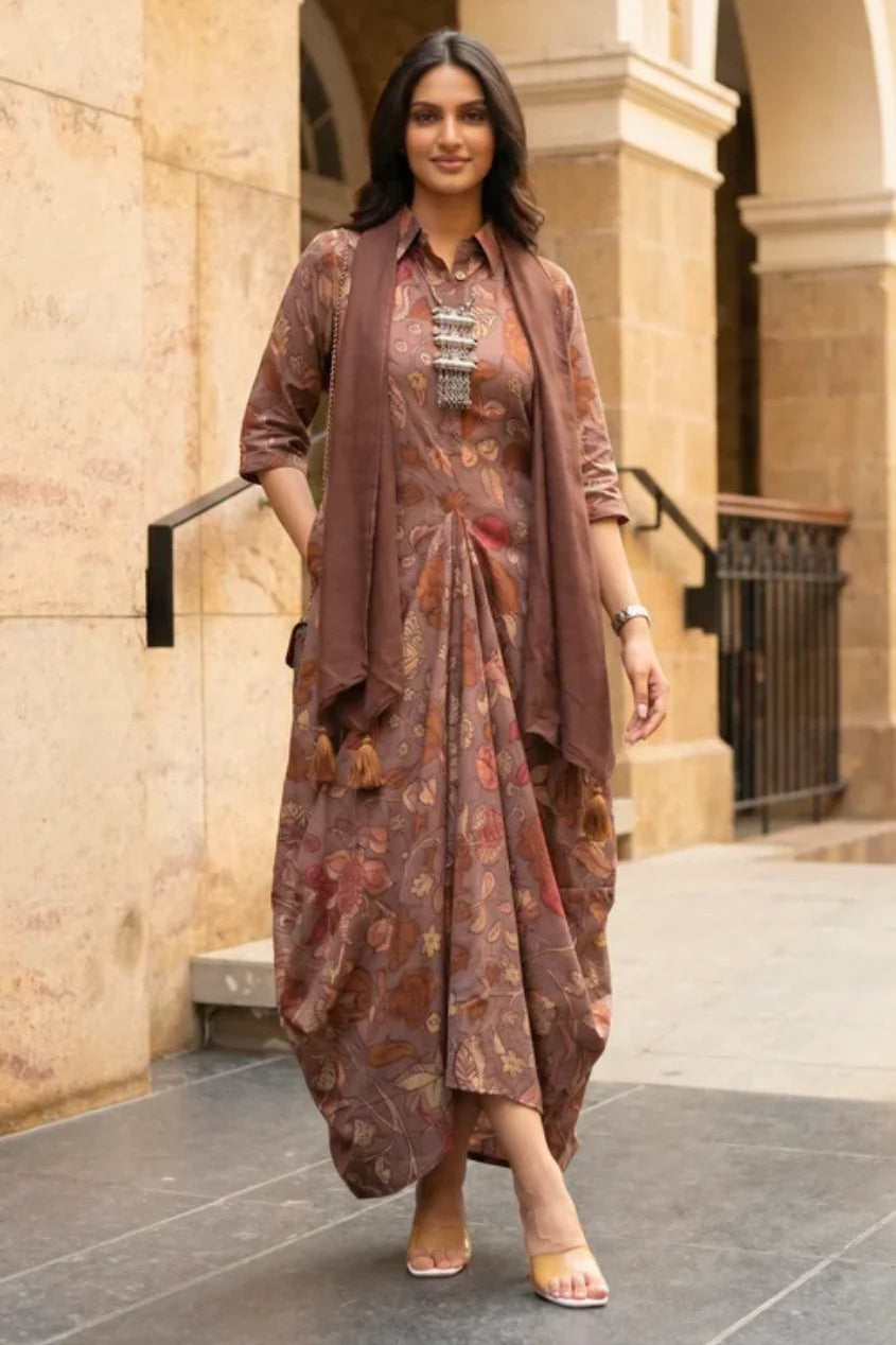 Mocha Bloom Fusion Drape Cotton Dress
