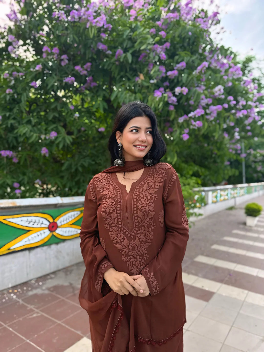 Mocha Blossom Viscose Georgette Straight Chikankari  Kurta Set