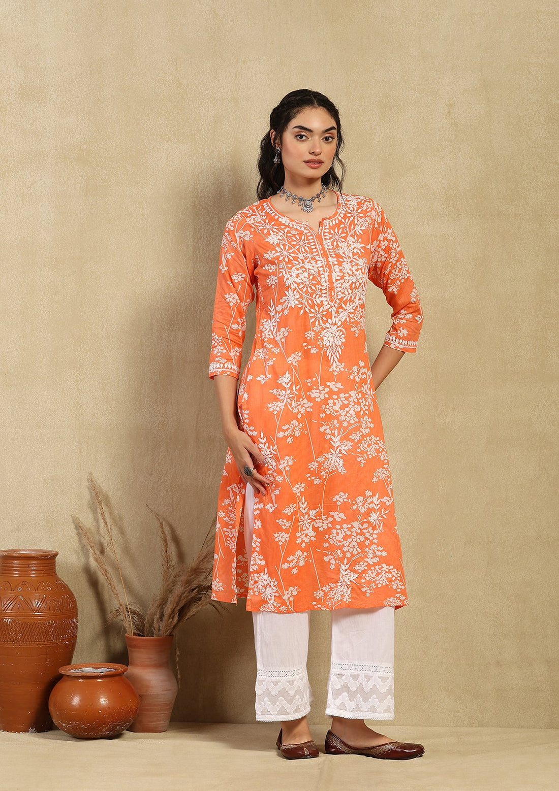 Mulmul Orange Chikankari Straight Kurta