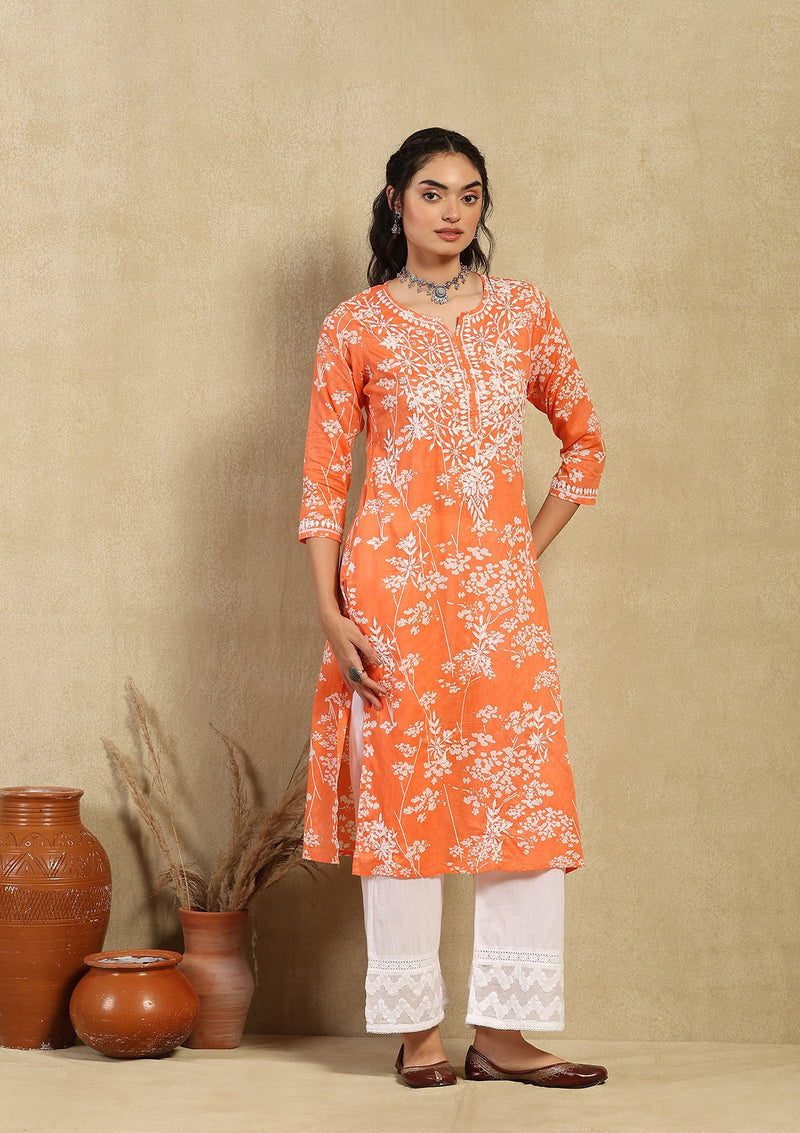 Mulmul Orange Chikankari Straight Kurta