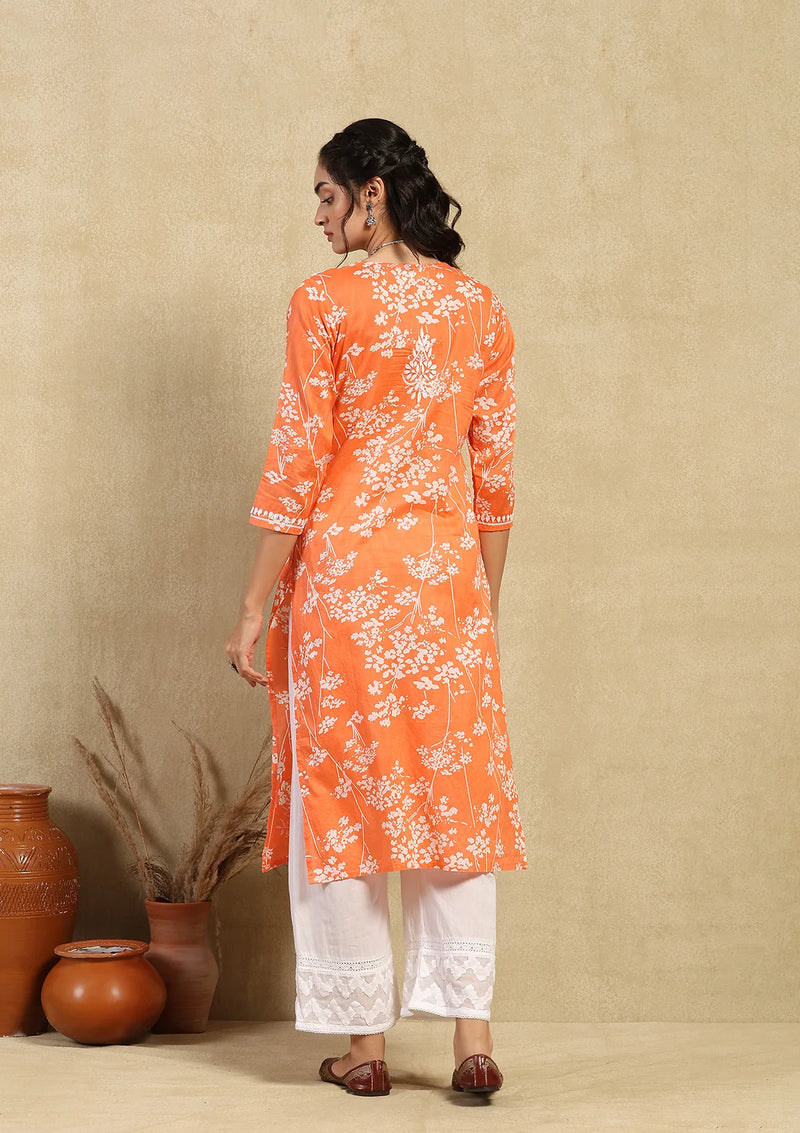Mulmul Orange Chikankari Straight Kurta