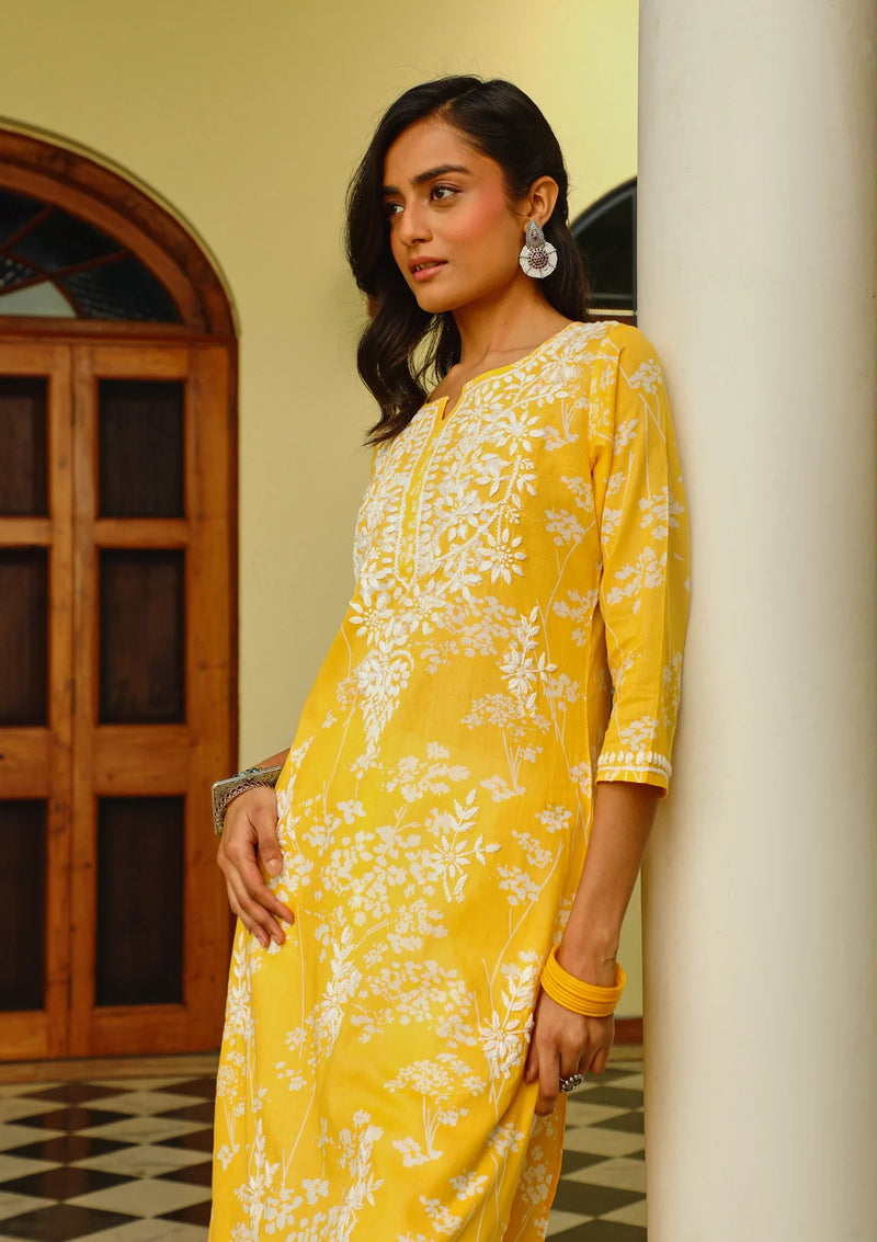 Mulmul Orange Chikankari Straight Kurta