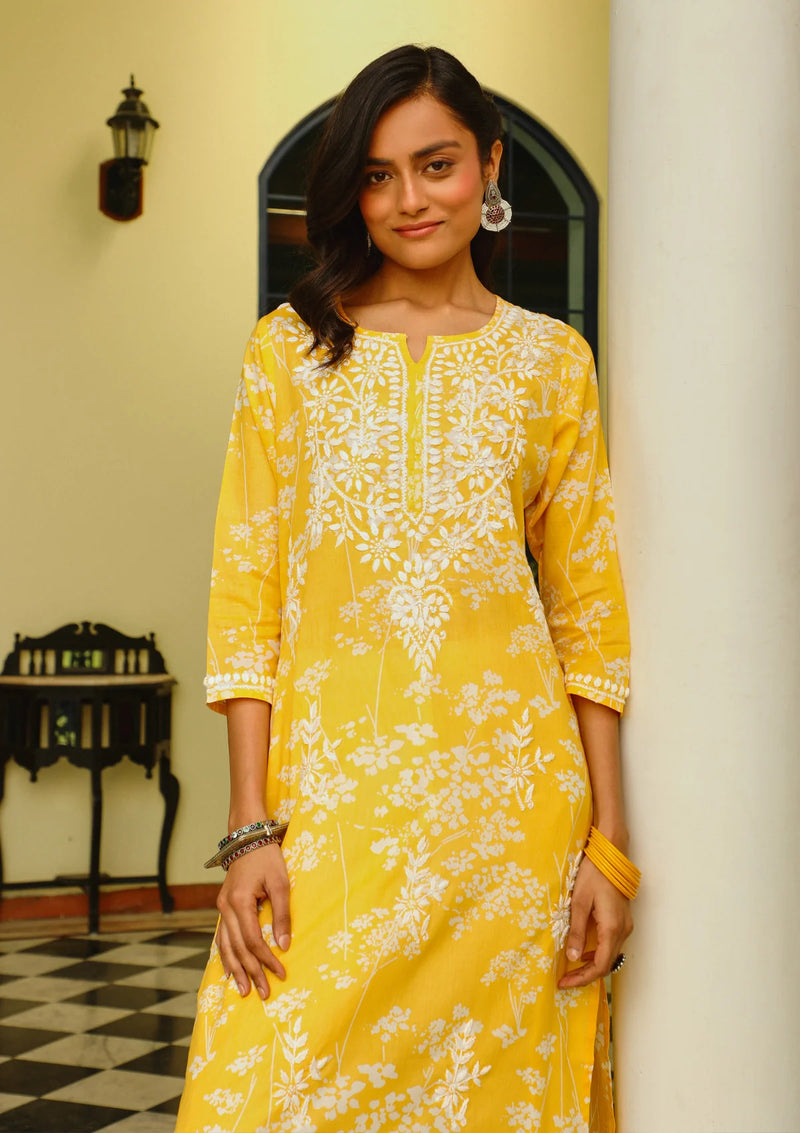 Mulmul Orange Chikankari Straight Kurta