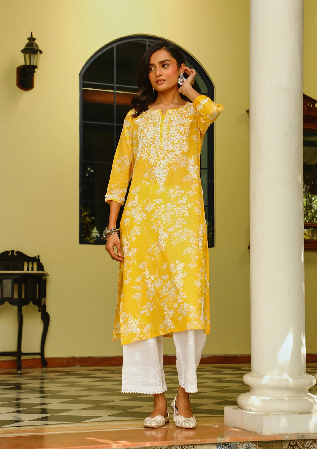 Mulmul Orange Chikankari Straight Kurta