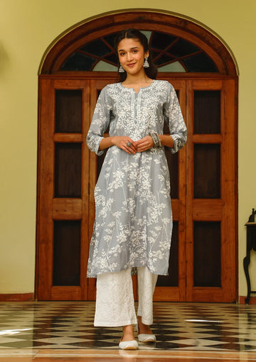 Mulmul Orange Chikankari Straight Kurta