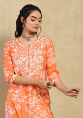 Mulmul Orange Chikankari Straight Kurta