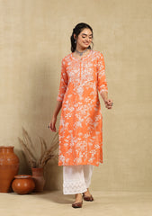 Mulmul Orange Chikankari Straight Kurta