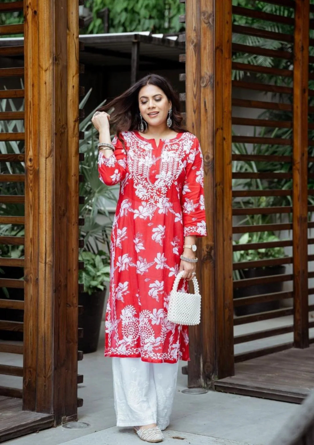 Mulmul Red Chikankari Straight Kurta