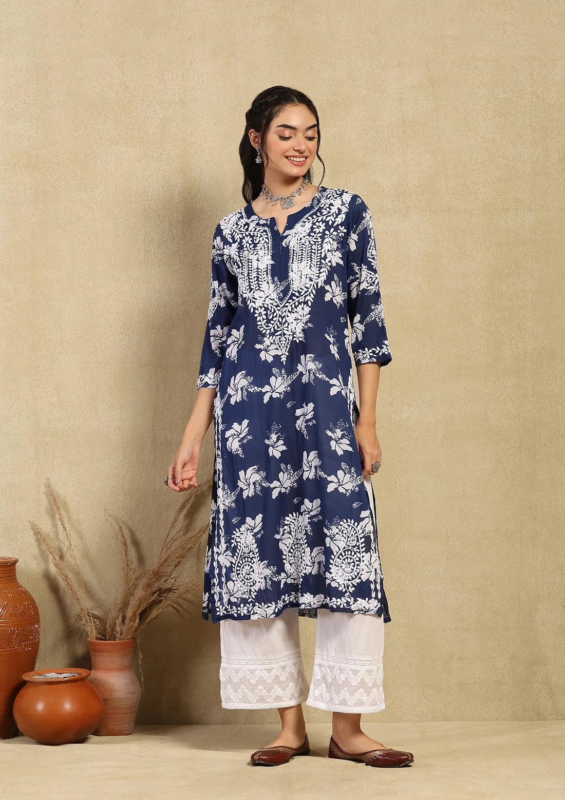 Mulmul Red Chikankari Straight Kurta