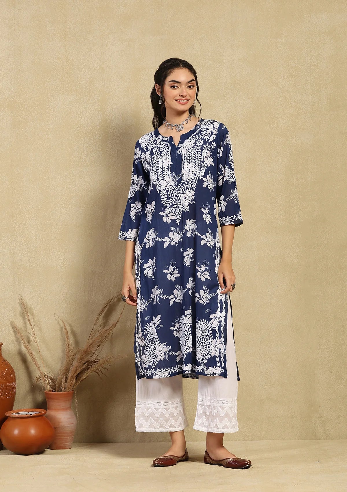 Mulmul Red Chikankari Straight Kurta