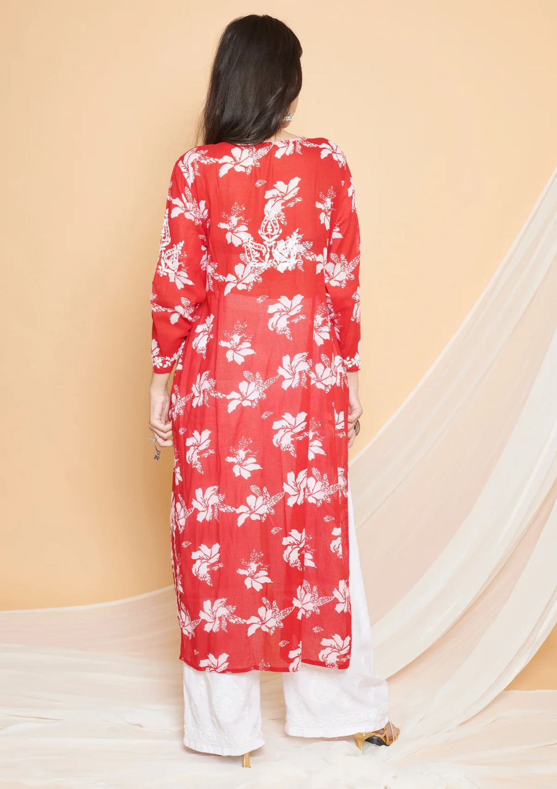 Mulmul Red Chikankari Straight Kurta