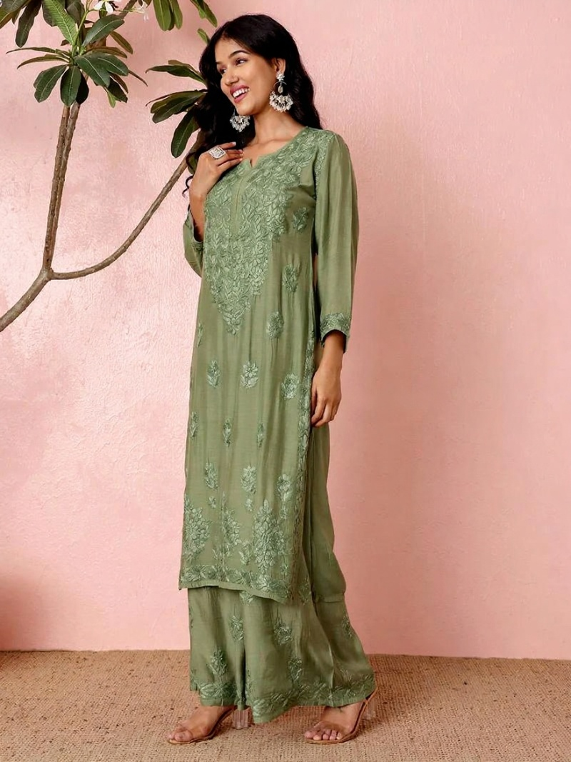 Muslin Light Green Chikankari Kurti Palazzo Set