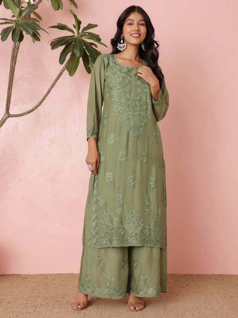 Muslin Light Green Chikankari Kurti Palazzo Set