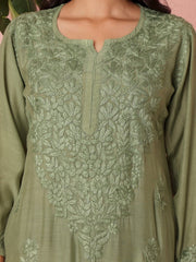 Muslin Light Green Chikankari Kurti Palazzo Set