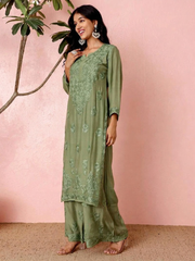 Muslin Light Green Chikankari Kurti Palazzo Set
