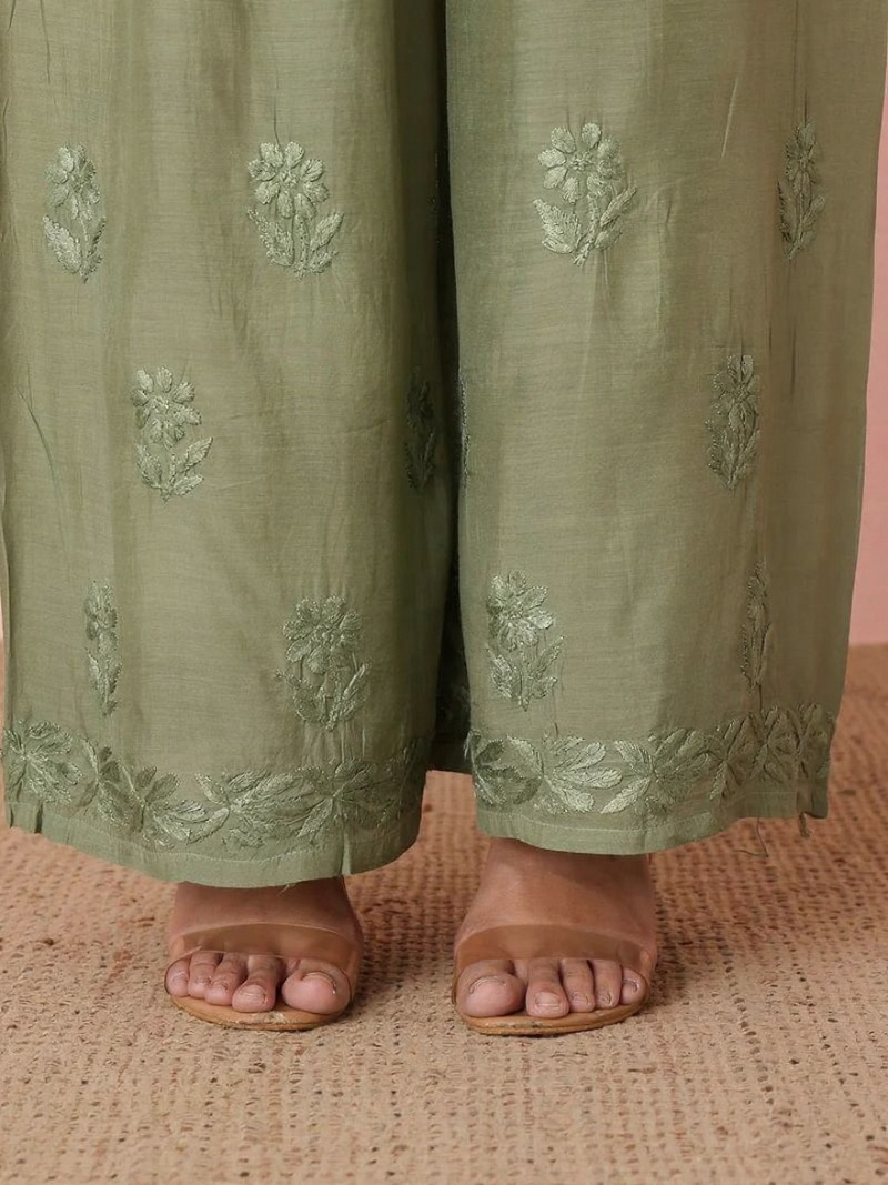 Muslin Light Green Chikankari Kurti Palazzo Set
