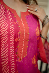 Muslin Pink-Orange Printed Kurta Set with Tassels