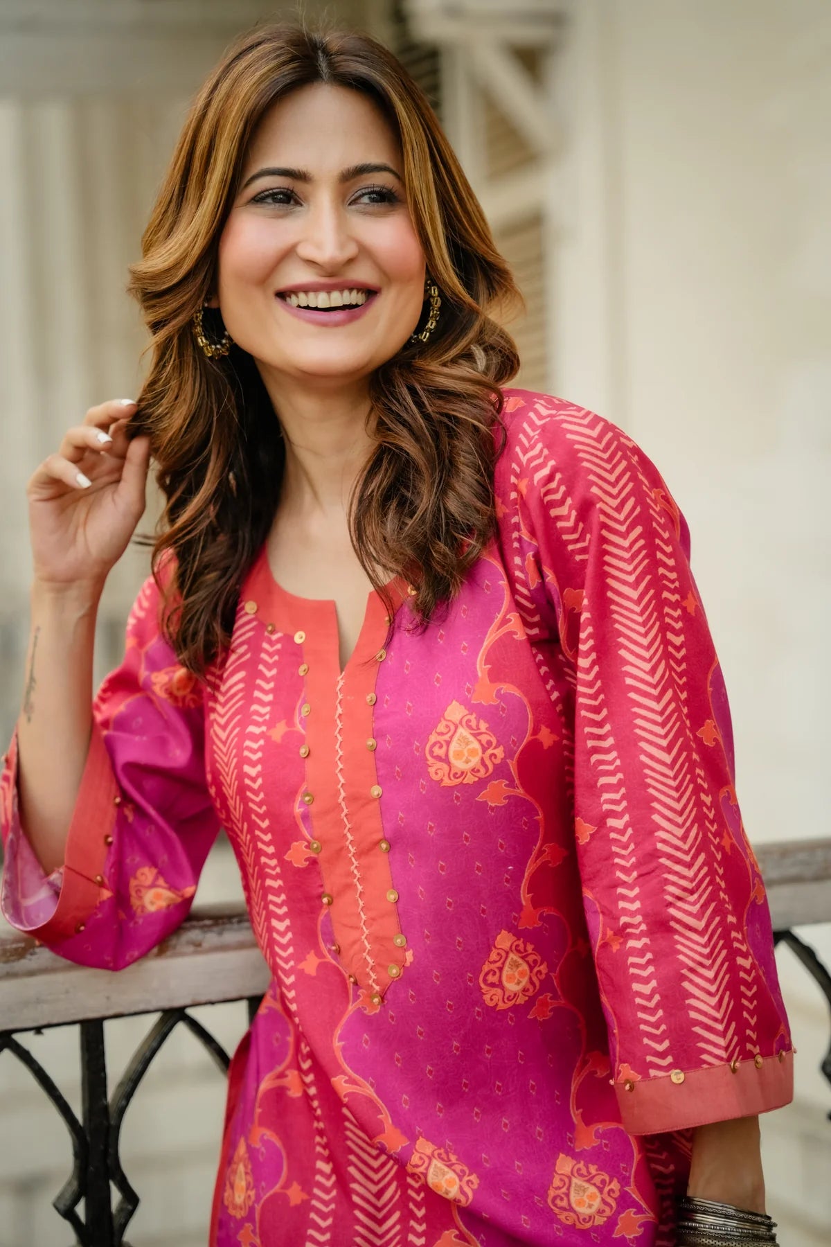 Muslin Pink-Orange Printed Kurta Set with Tassels
