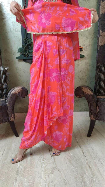 Muslin Pink Floral Punjabi Dhoti Kurta