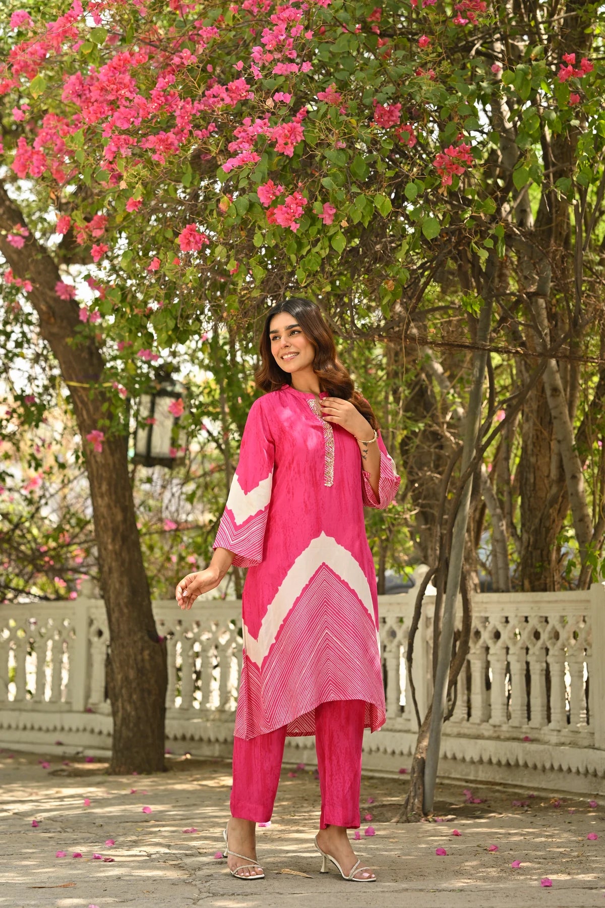 Muslin Pink Lehariya Kurta Set with Gota Work